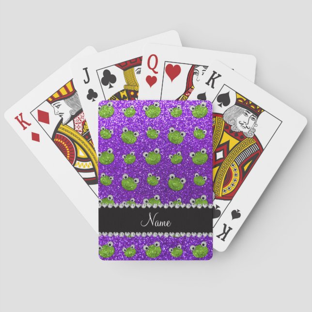 Personalised name indigo purple glitter frogs playing cards (Back)
