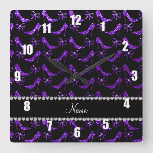 Personalised name indigo purple glitter high heels square wall clock