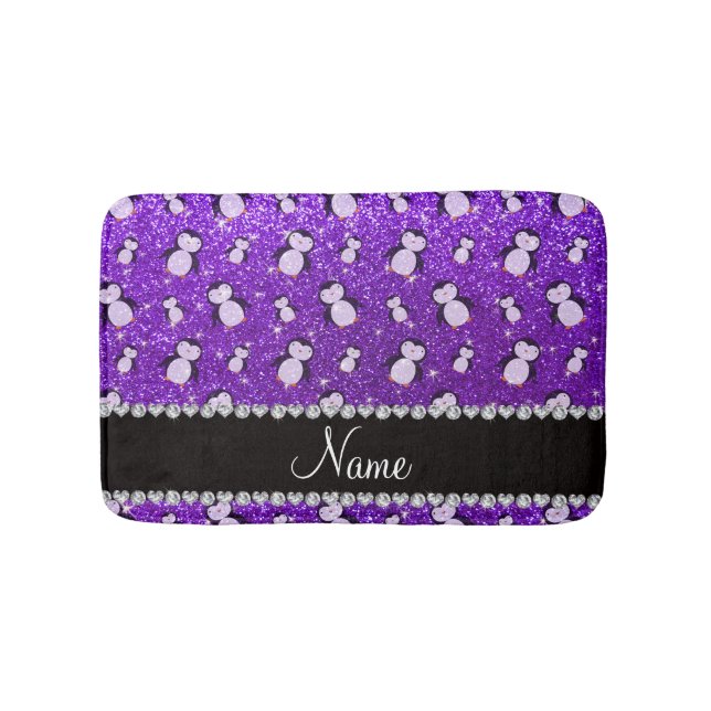 Personalised name indigo purple glitter penguins bath mat (Front)