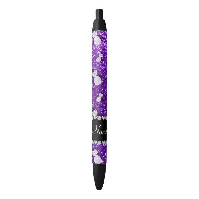 Personalised name indigo purple glitter penguins black ink pen (Front Vertical)