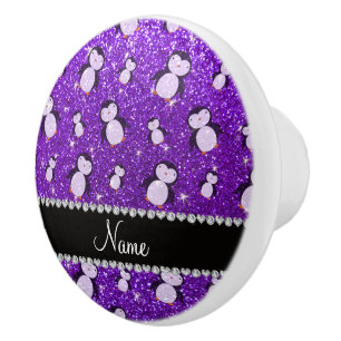 Personalised name indigo purple glitter penguins ceramic knob