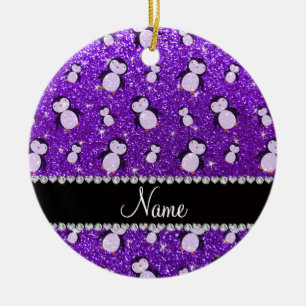 Personalised name indigo purple glitter penguins ceramic tree decoration