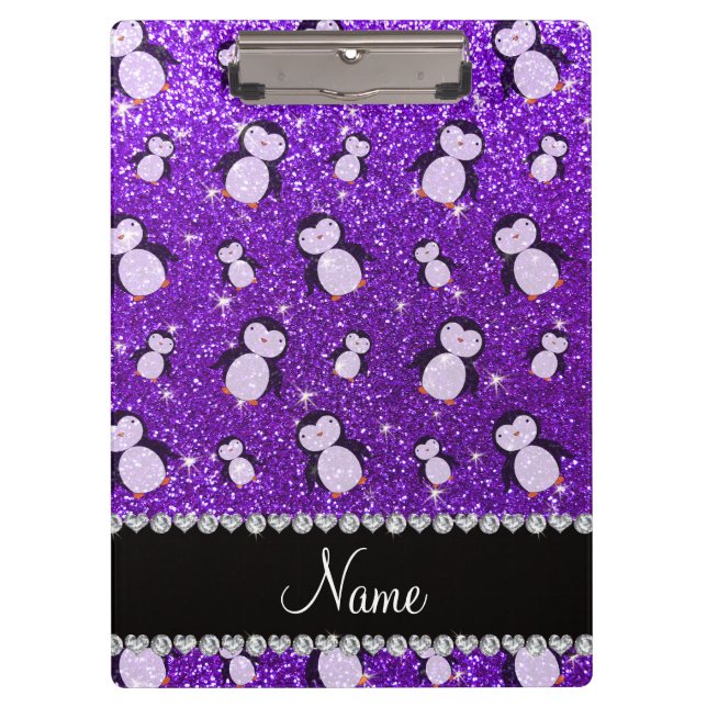 Personalised name indigo purple glitter penguins clipboard (Front)