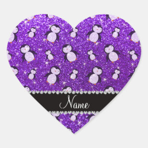 Personalised name indigo purple glitter penguins heart sticker