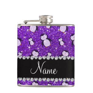 Personalised name indigo purple glitter penguins hip flask