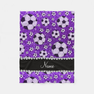 Personalised name indigo purple glitter soccer fleece blanket