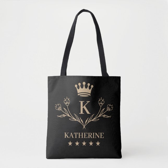 Personalised Name & Initial Black Gold Monogram Tote Bag (Front)