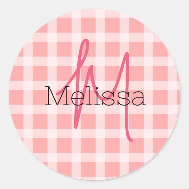 Personalised name initial modern blush pink tartan classic round sticker (Front)