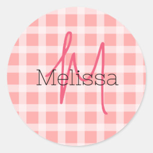Personalised name initial modern blush pink tartan classic round sticker