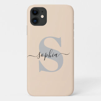 Personalised Name, Initial-Script, Linen/Silver iPhone 11 Case