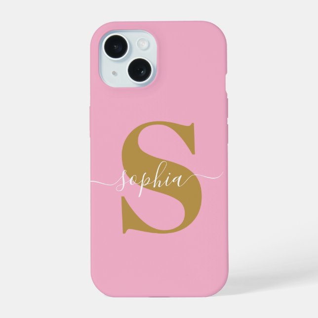 Personalised Name, Initial-Script, Pink/Gold Case- iPhone 15 Case (Back)