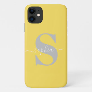 Personalised Name, Initial-Script, Yellow/Silver iPhone 11 Case