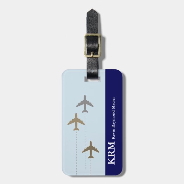 personalised (name+initials) travel aeroplanes blu luggage tag (Front Vertical)