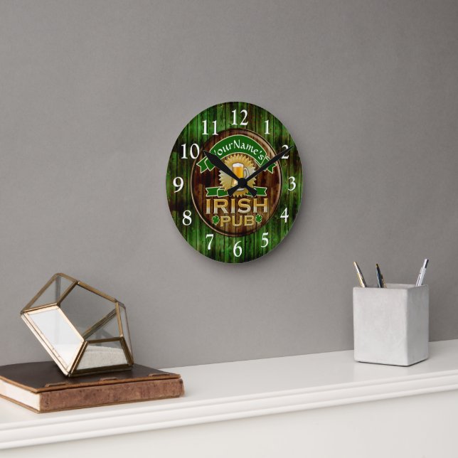 Personalised Name Irish Pub Sign St. Patrick's Day Round Clock (Office)