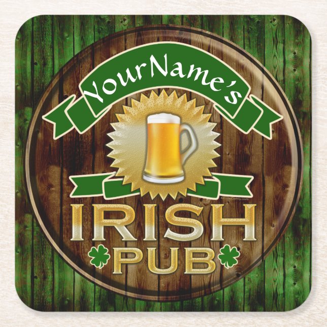 Personalised Name Irish Pub Sign St. Patrick's Day Square Paper Coaster (Front)