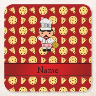 Personalised name italian chef red pizza pattern square paper coaster