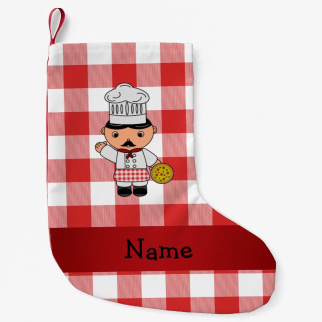 Personalised name italian chef red white checkers small christmas stocking (Front)