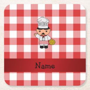 Personalised name italian chef red white checkers square paper coaster