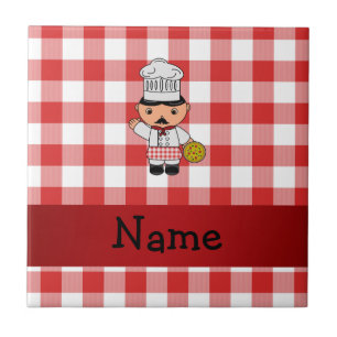 Personalised name italian chef red white checkers tile