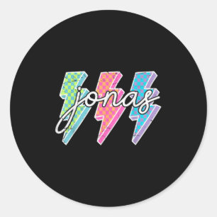 Personalised Name Jonas Lightning Bolt Chequered  Classic Round Sticker