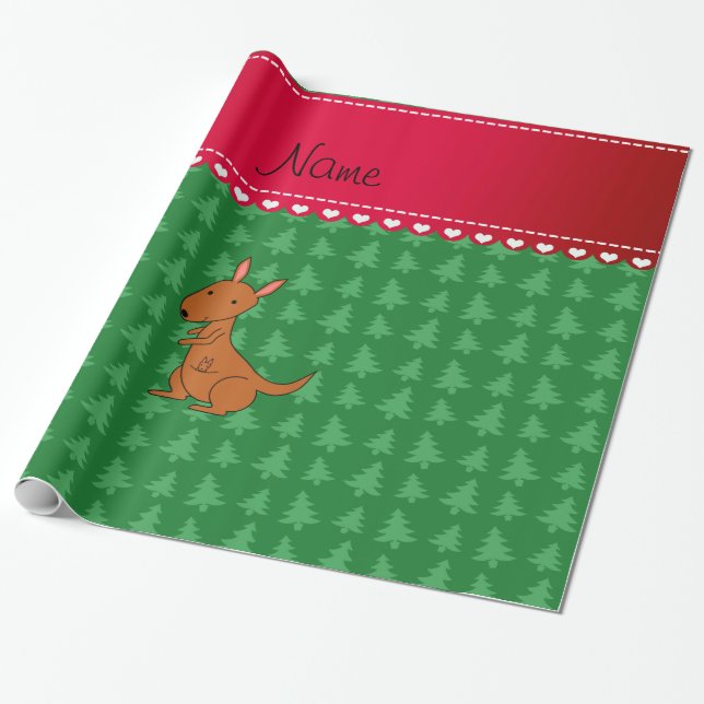 Personalised name kangaroo green christmas trees wrapping paper (Unrolled)