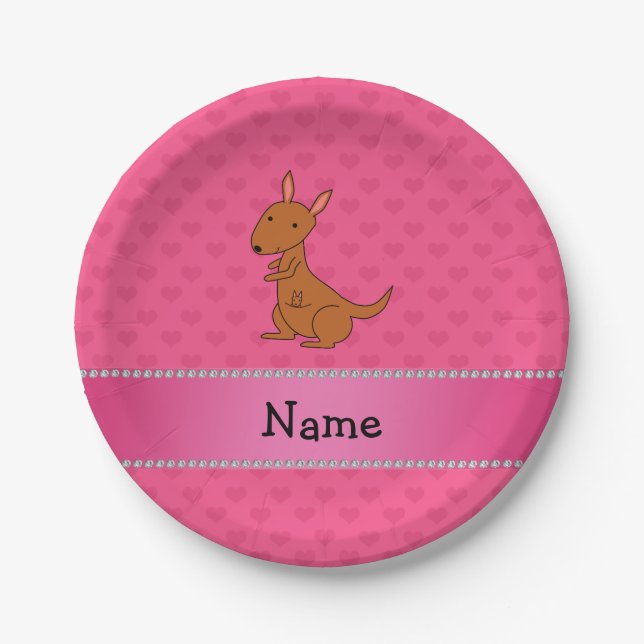 Personalised name kangaroo pink hearts paper plate (Front)