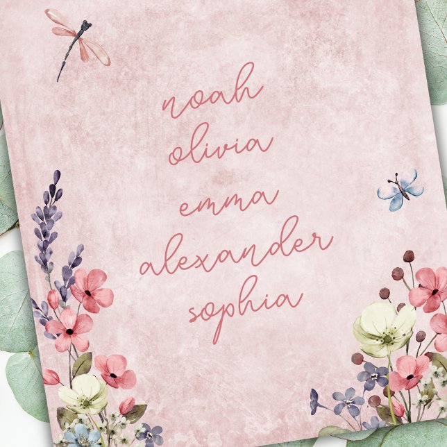 Personalised Name Keepsake Wildflower Pink Fleece Blanket (Add up to 7 names, depending on the length of name.
)