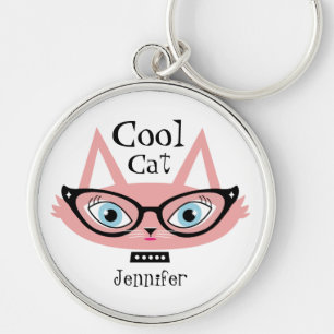 Personalised Name Keychain Pink Retro Cat