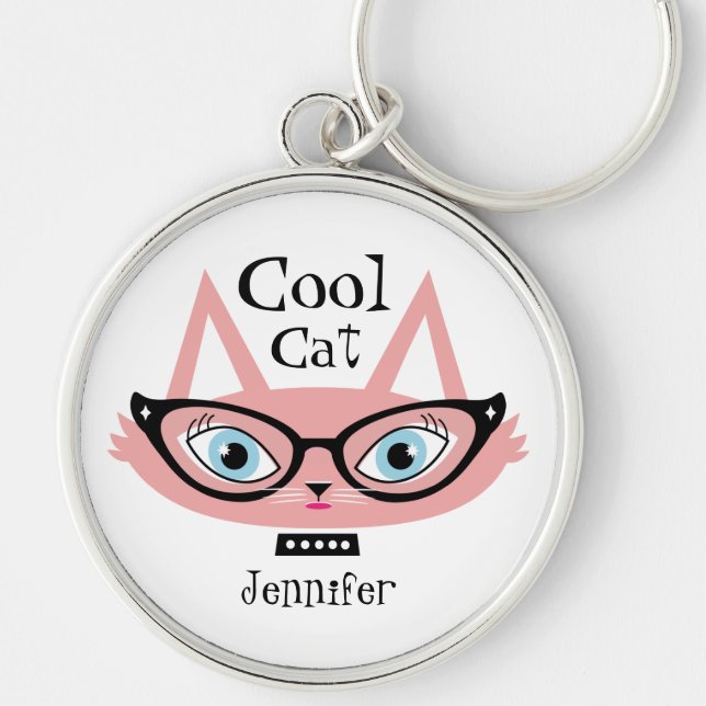 Personalised Name Keychain Pink Retro Cat (Front)
