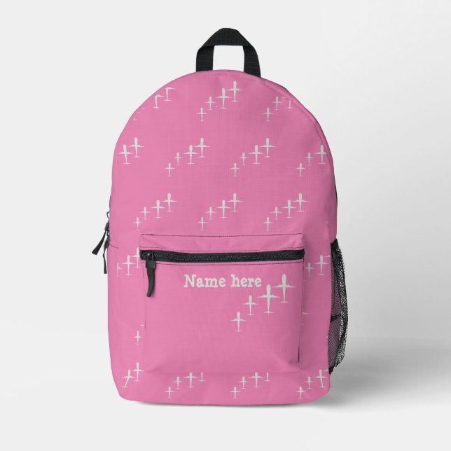 Personalised Name Kids Fun Aeroplanes Pink School Printed Backpack (Front)