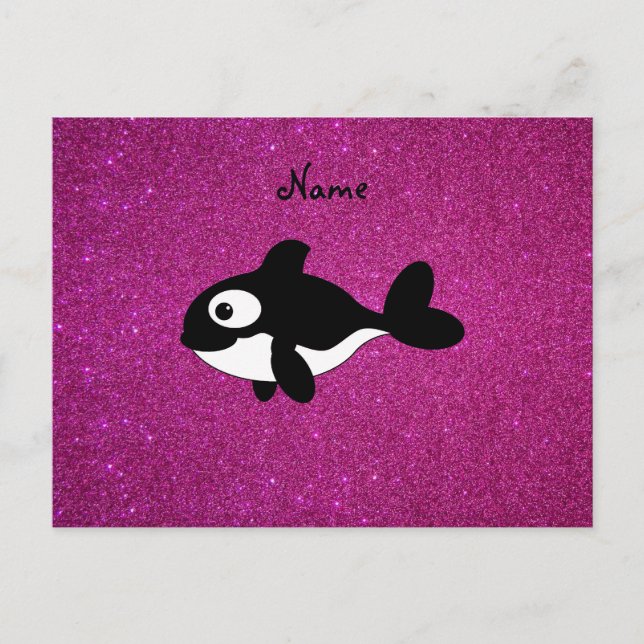 Personalised name killer whale pink glitter postcard (Front)
