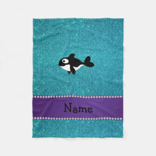 Personalised name killer whale turquoise glitter fleece blanket
