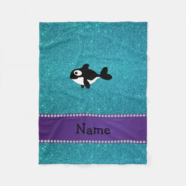 Personalised name killer whale turquoise glitter fleece blanket (Front)