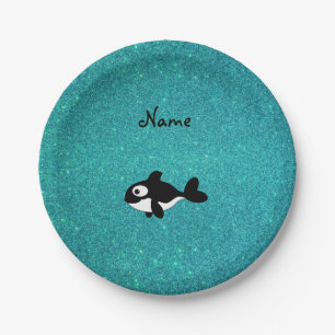 Personalised name killer whale turquoise glitter paper plate