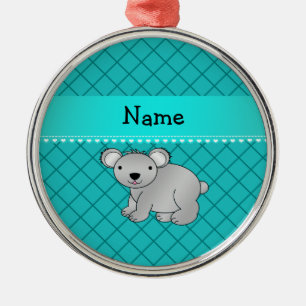 Personalised name koala bear turquoise grid metal tree decoration
