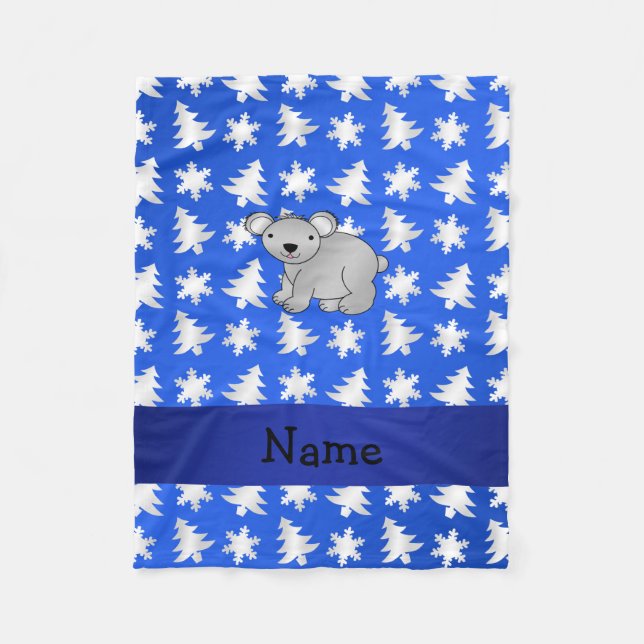Personalised name koala blue snowflakes trees fleece blanket (Front)