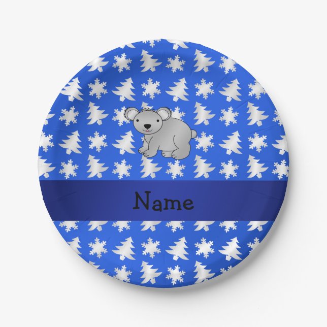 Personalised name koala blue snowflakes trees paper plate (Front)