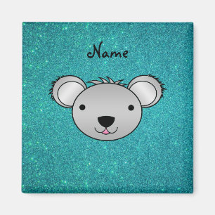 Personalised name koala face turquoise glitter magnet
