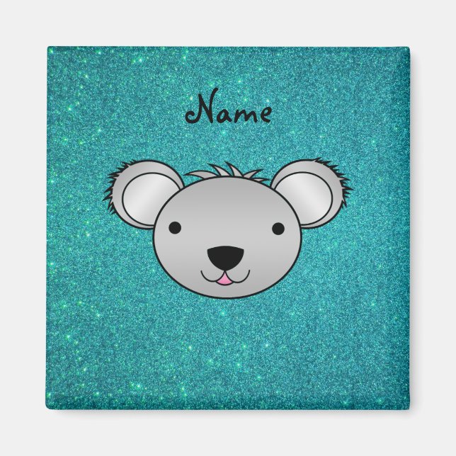 Personalised name koala face turquoise glitter magnet (Front)