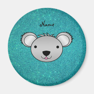 Personalised name koala face turquoise glitter magnet