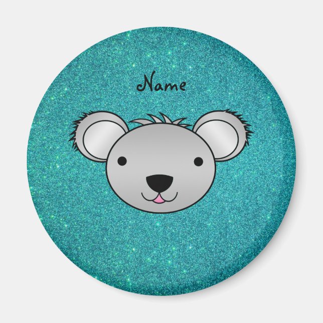 Personalised name koala face turquoise glitter magnet (Front)