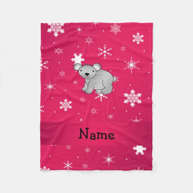 Personalised name koala pink snowflakes fleece blanket (Front)