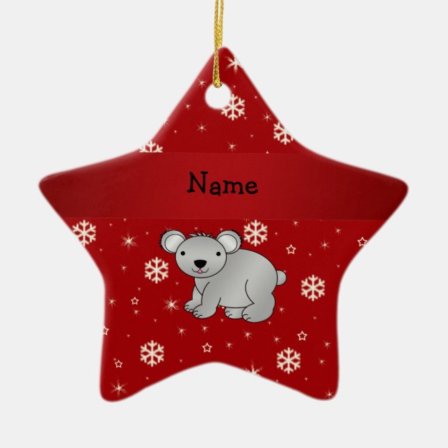 Personalised name koala red snowflakes ceramic tree decoration (Front)