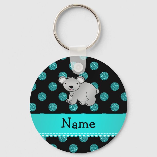 Personalised name koala turquoise polka dots key ring (Front)