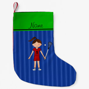 Personalised name lacrosse girl blue stripes small christmas stocking