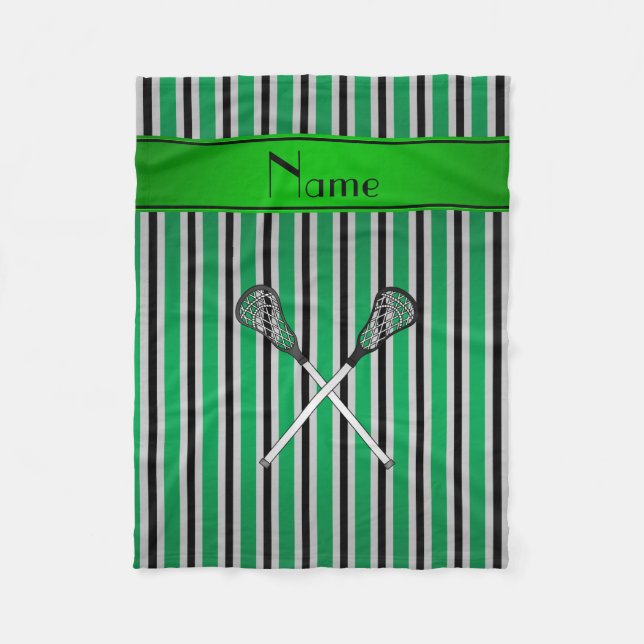 Personalised name lacrosse green silver stripes fleece blanket (Front)