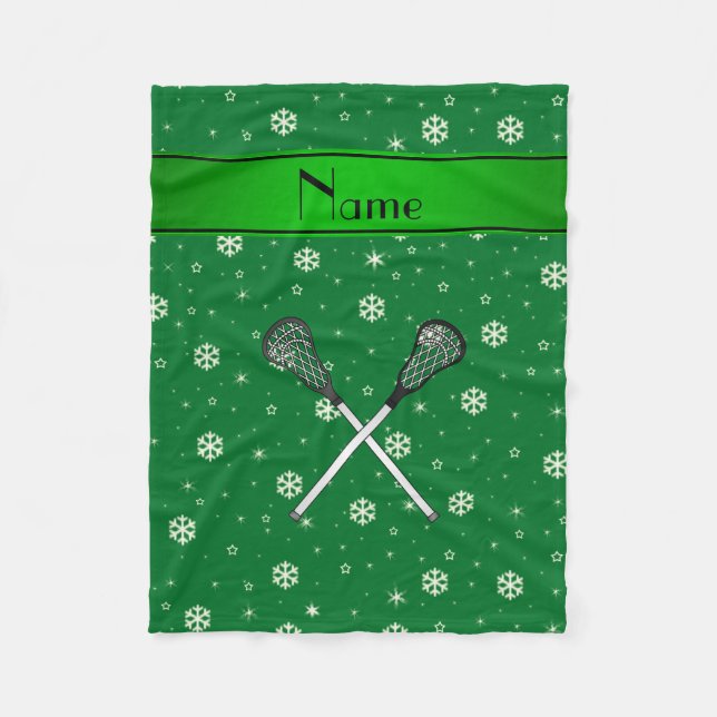 Personalised name lacrosse green snowflakes fleece blanket (Front)