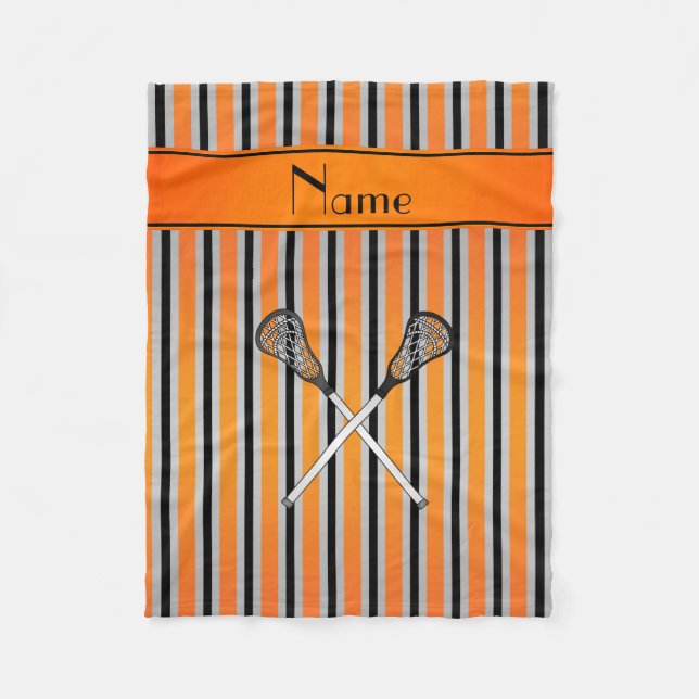 Personalised name lacrosse orange silver stripes fleece blanket (Front)