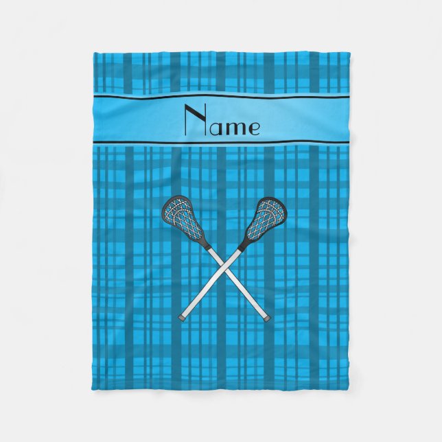 Personalised name lacrosse sky blue plaid fleece blanket (Front)