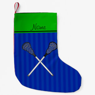 Personalised name lacrosse sticks blue stripes small christmas stocking